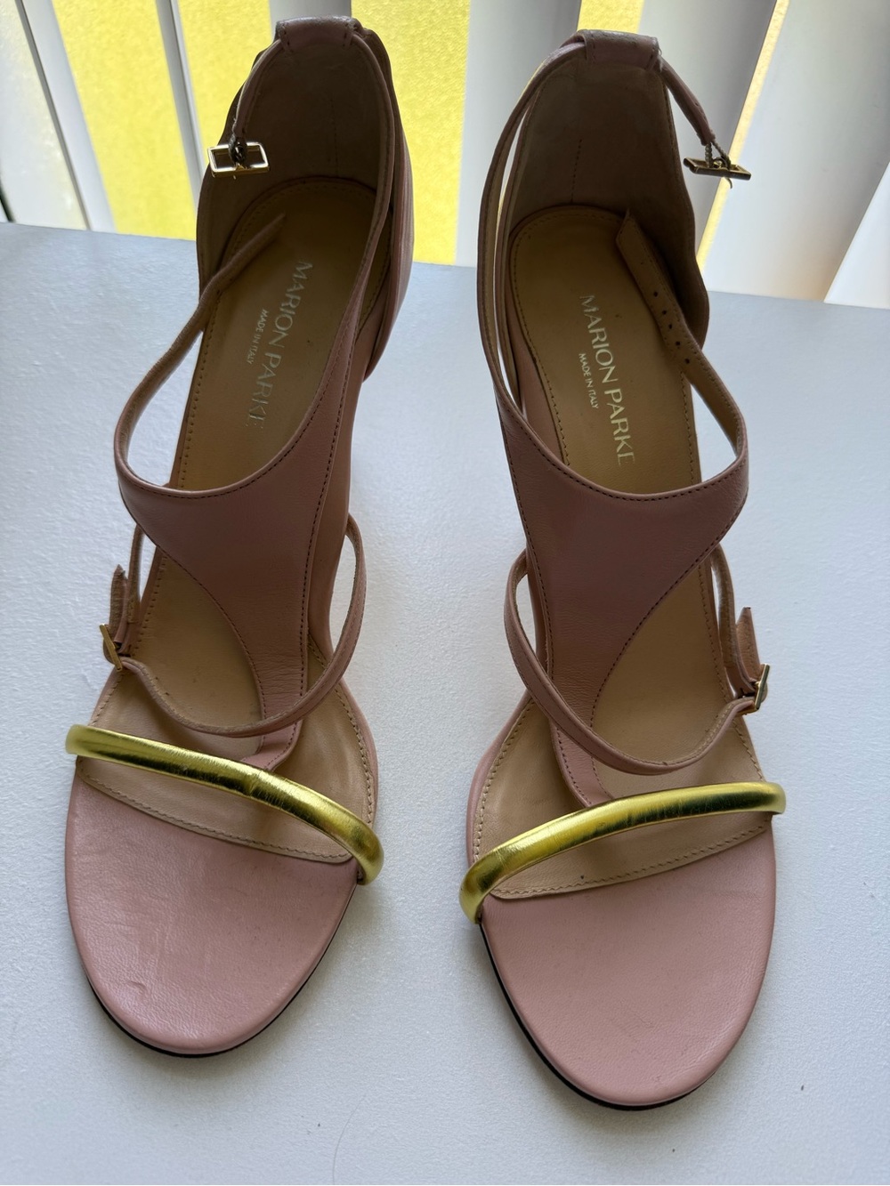 Marion Parke Pink Heeled Sandals with Gold Bar